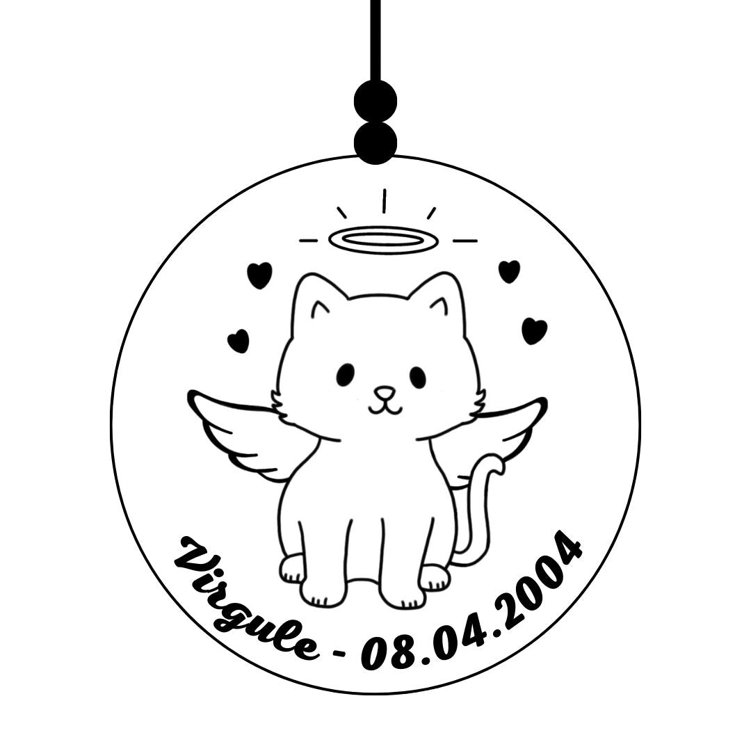 Suspension ronde en bois Commémorative "ANGE" 🕊️ - Chat + Gravure personnalisée