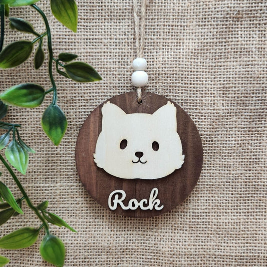 Suspension ronde Chat - Personnalisée (Bois foncé)