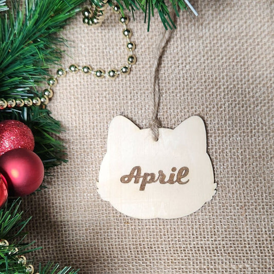 Suspension chat - Bois clair avec gravure personnalisée