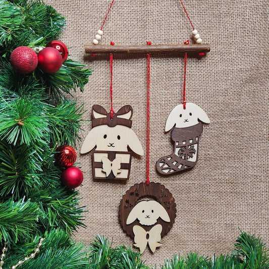 Mobile en bois Noël lapin (Bois clair ou foncé)