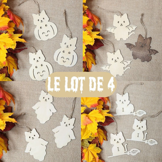 Lot de 4 Suspensions Halloween chat (Bois clair ou foncé)