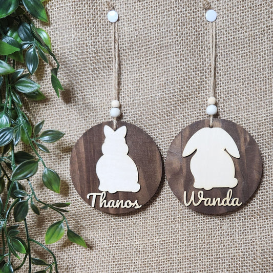 Suspension ronde lapin - Personnalisée (Bois foncé)