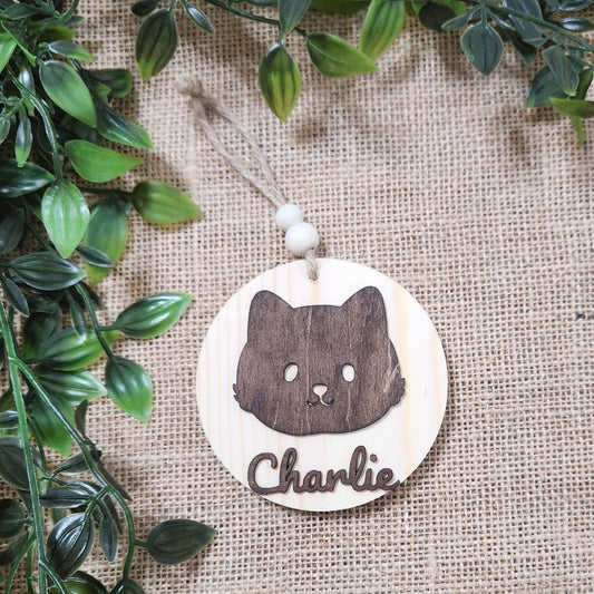 Suspension ronde chat - Personnalisée (Bois clair)