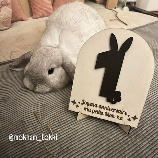 Plaque en bois avec pieds Lapiversaire đ - Chiffre oreilles de lapin + Gravure personnalisĂ©e