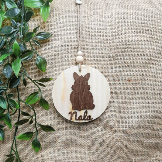 Suspension ronde lapin - Personnalisée (Bois clair)
