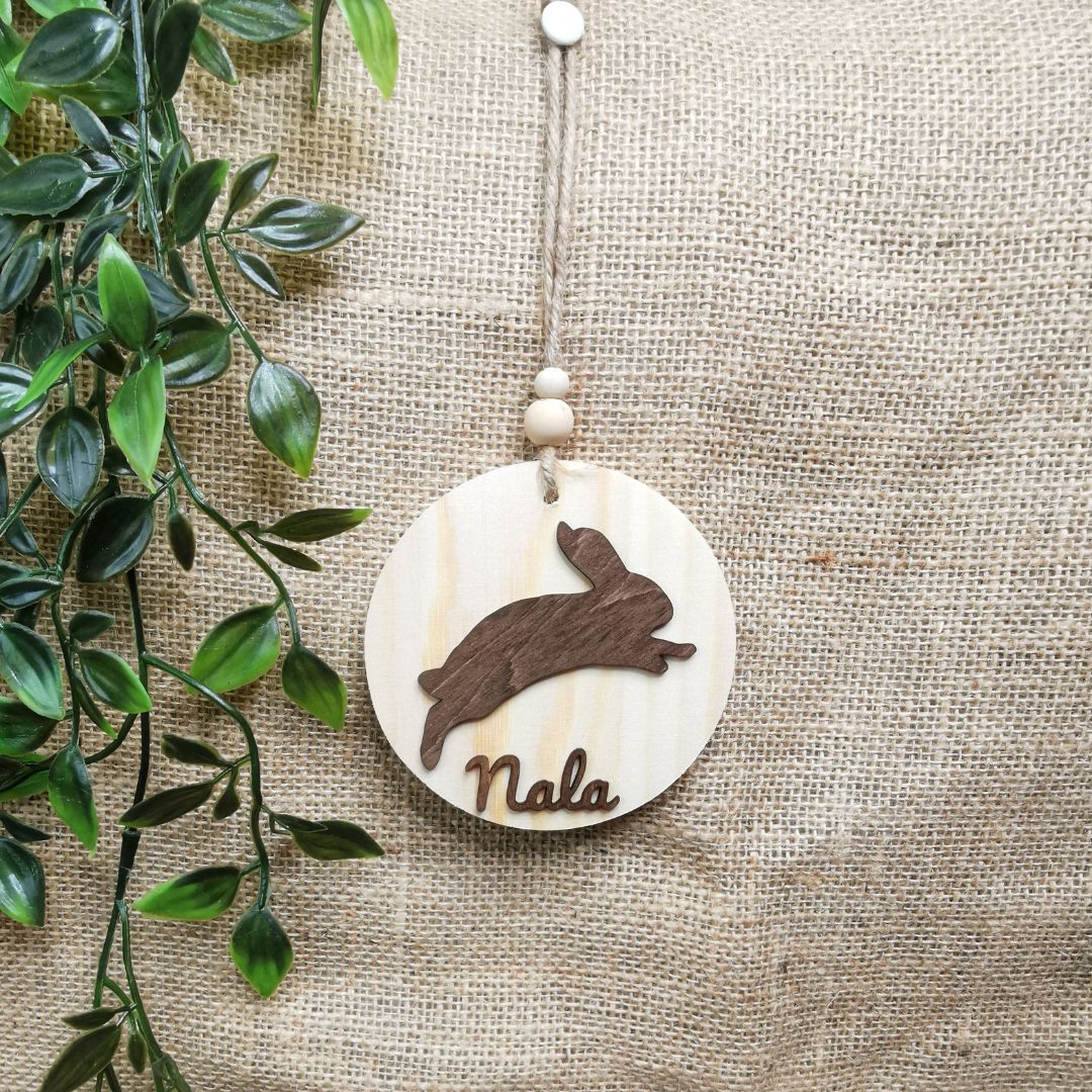 Suspension ronde lapin - Personnalisée (Bois clair)