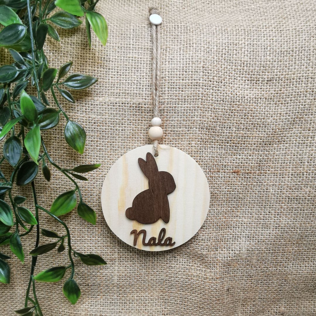 Suspension ronde lapin - Personnalisée (Bois clair)