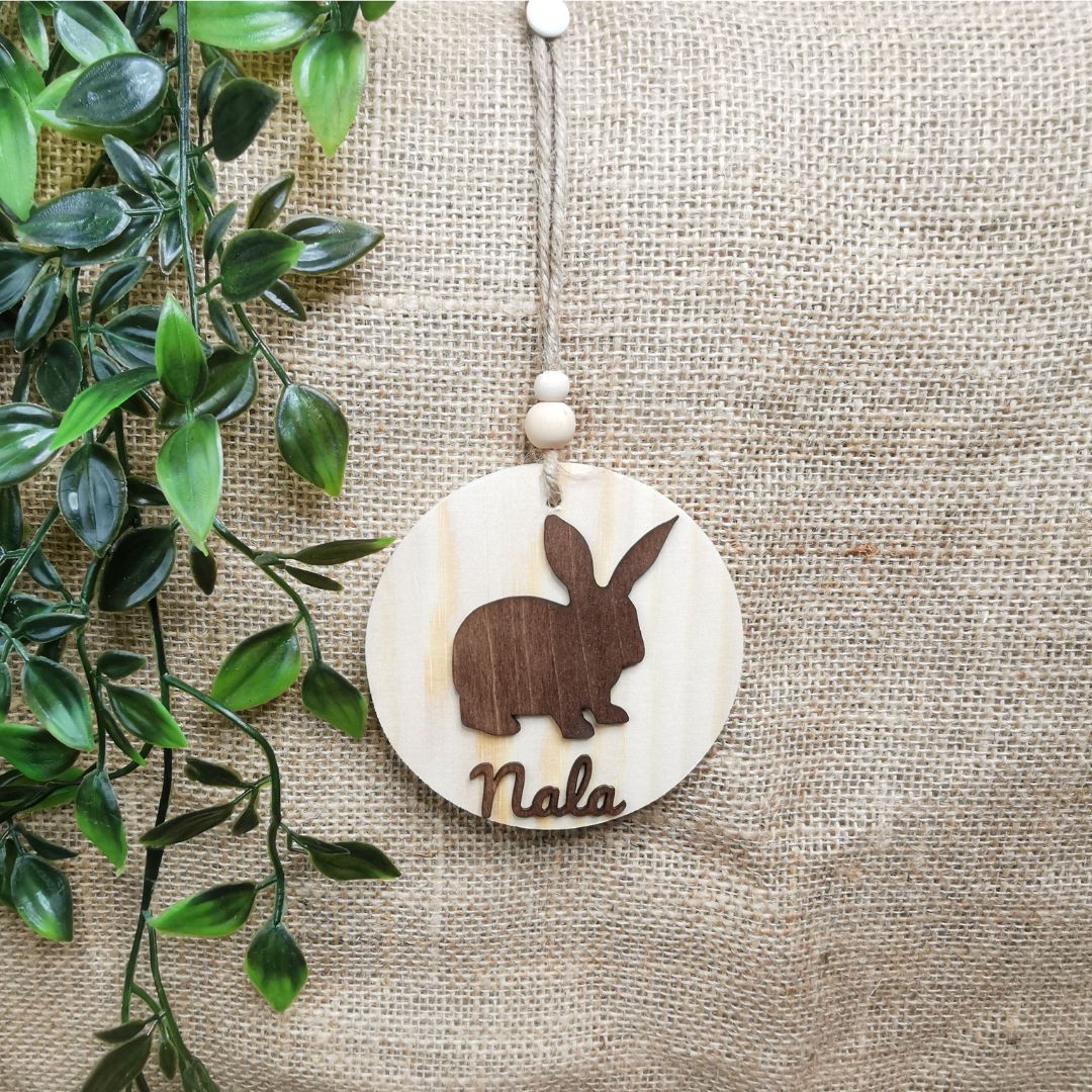 Suspension ronde lapin - Personnalisée (Bois clair)