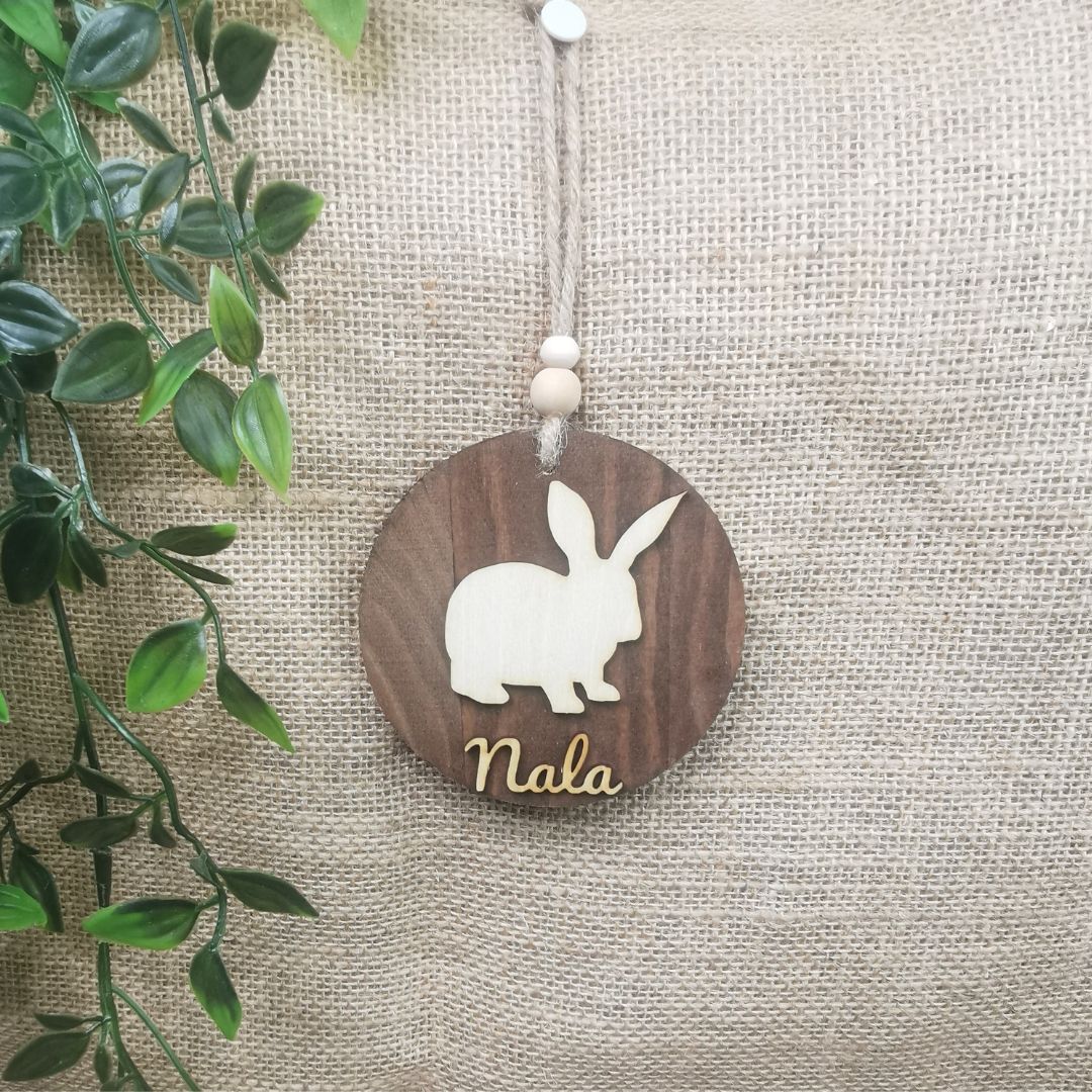 Suspension ronde lapin - Personnalisée (Bois foncé)