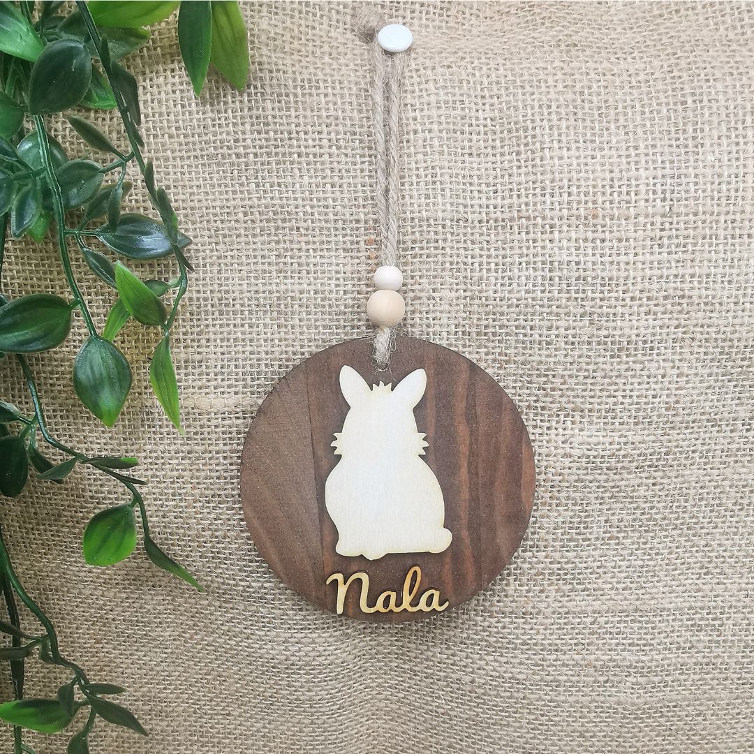 Suspension ronde lapin - Personnalisée (Bois foncé)
