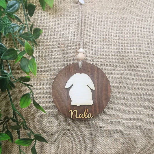 Suspension ronde lapin - Personnalisée (Bois foncé)