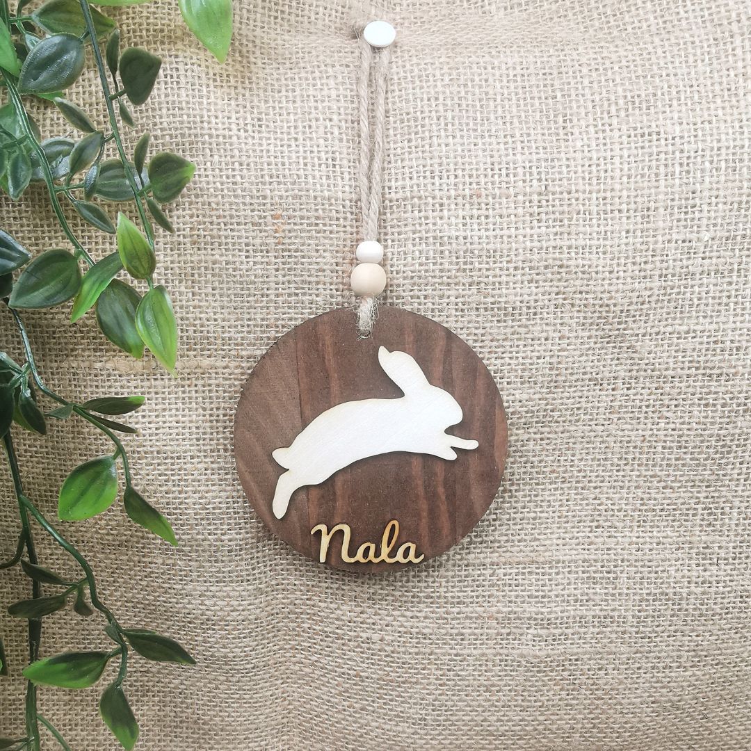 Suspension ronde lapin - Personnalisée (Bois foncé)