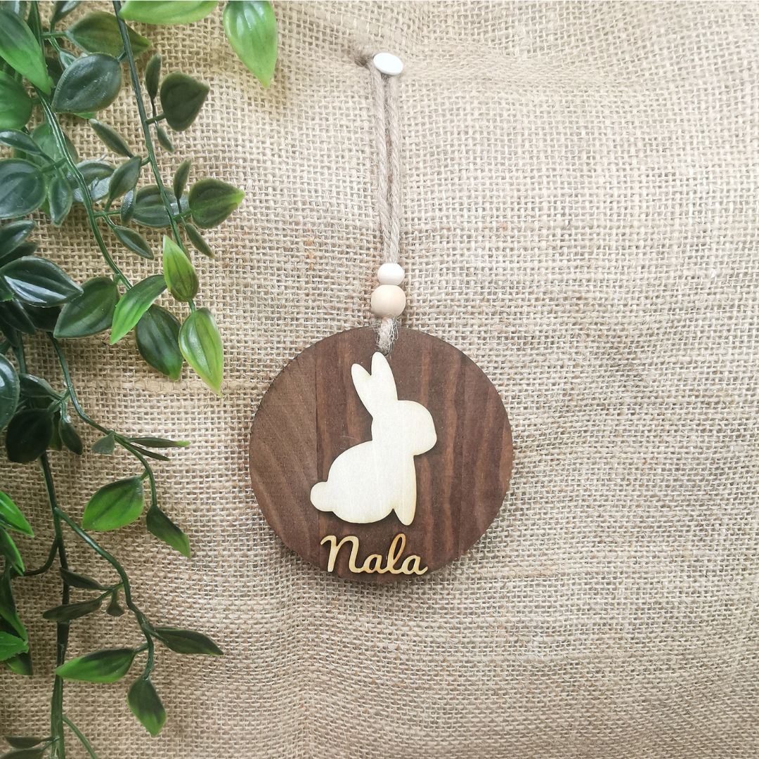 Suspension ronde lapin - Personnalisée (Bois foncé)
