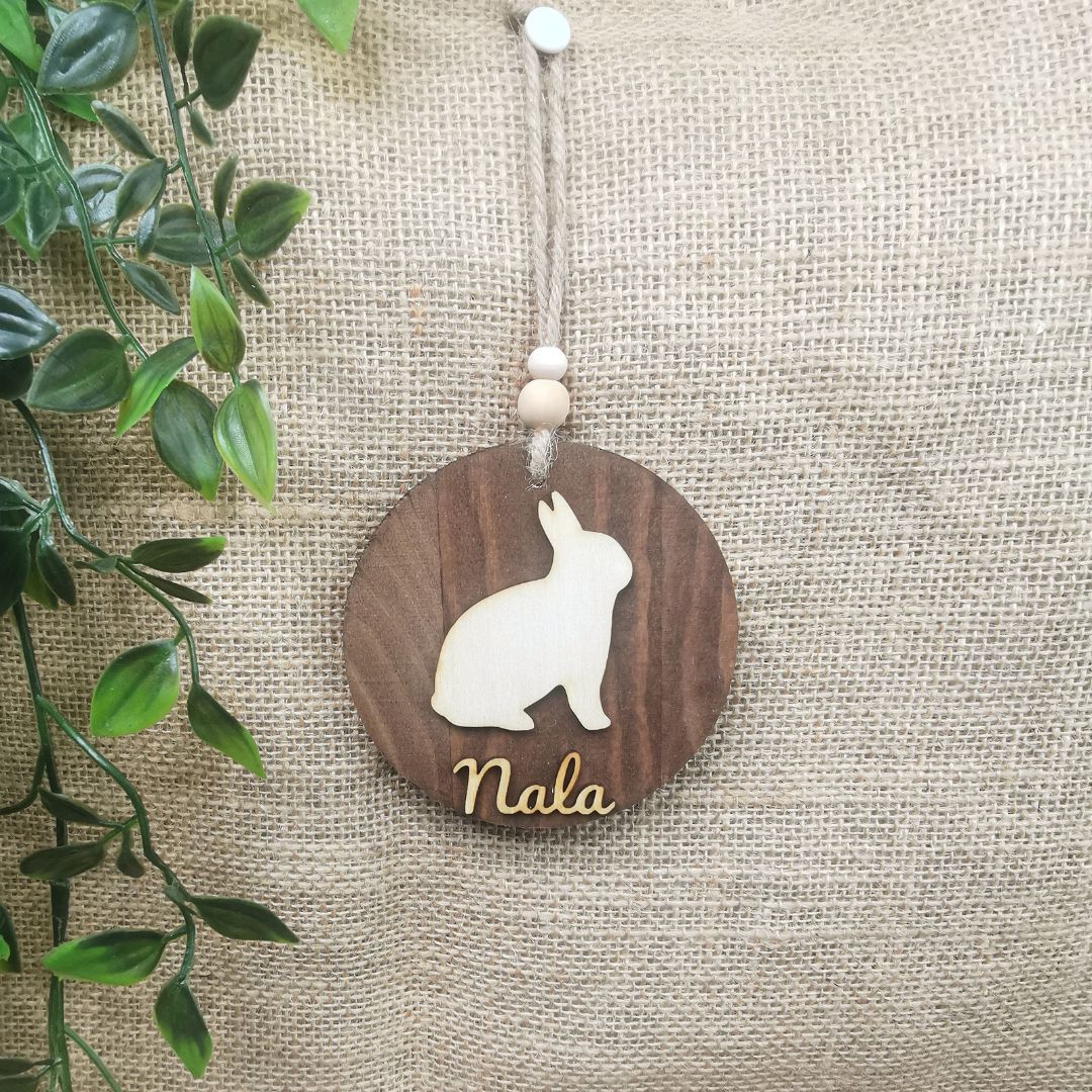 Suspension ronde lapin - Personnalisée (Bois foncé)