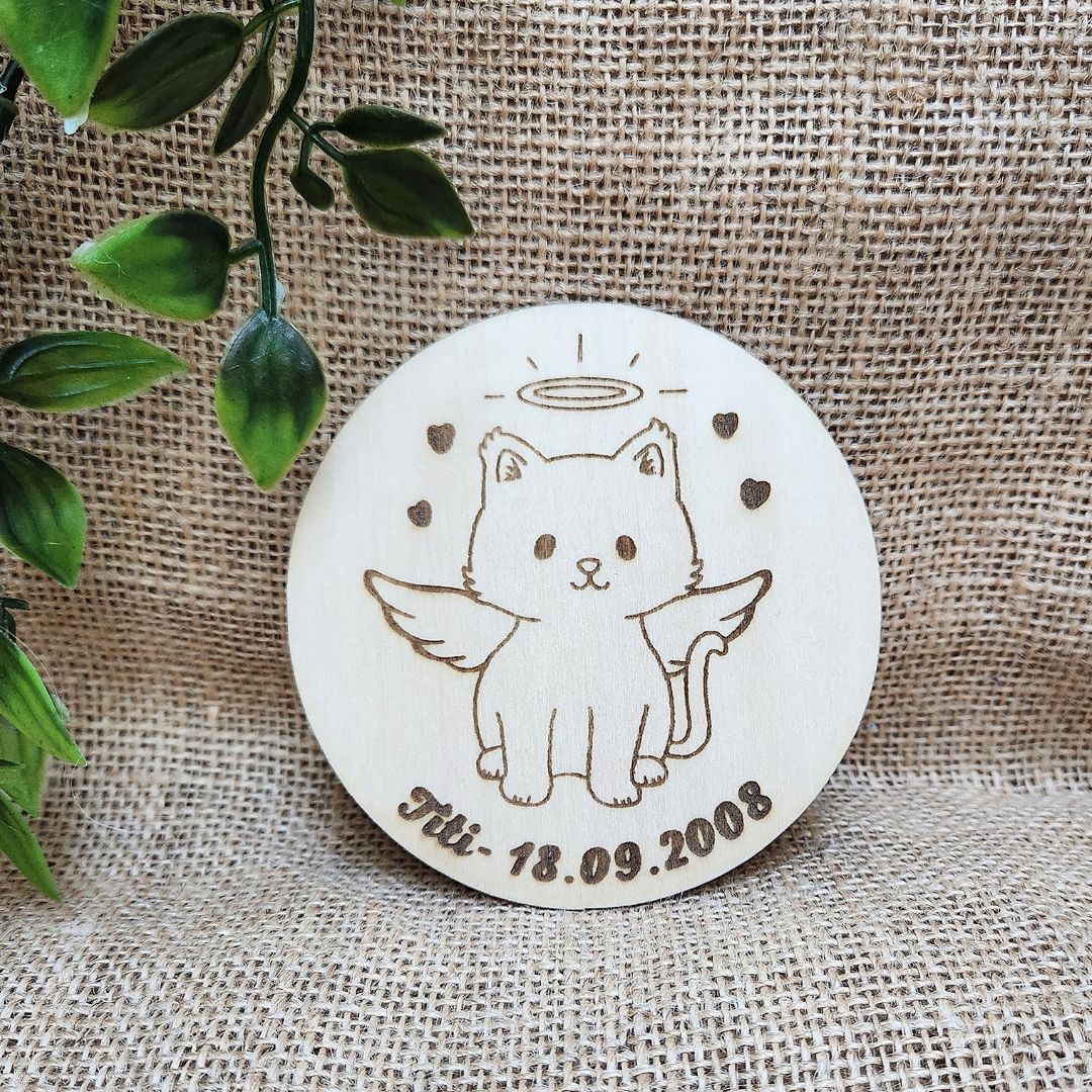 Plaque ronde en bois Commémorative "ANGE" 🕊️ - Chat + Gravure personnalisée