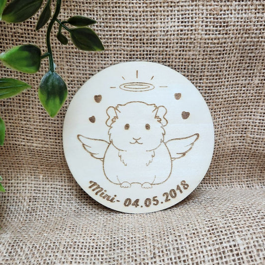 Plaque ronde en bois CommĂ©morative "ANGE" đïž -  Cochon d'inde + Gravure personnalisĂ©e