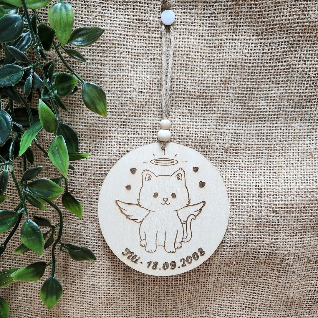 Suspension ronde en bois Commémorative "ANGE" 🕊️ - Chat + Gravure personnalisée