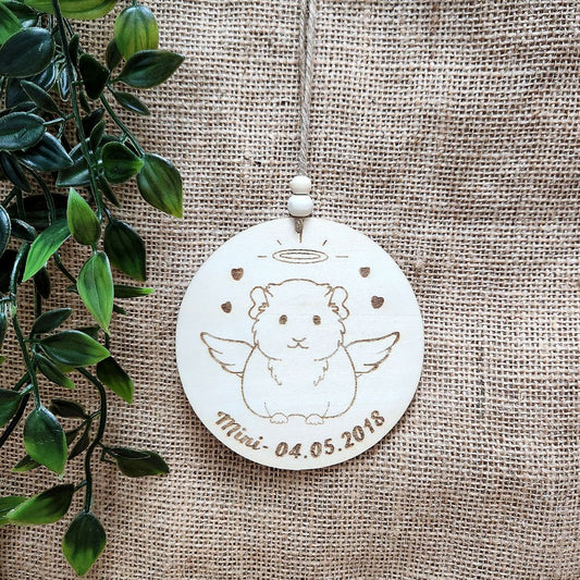 Suspension ronde en bois CommĂ©morative "ANGE" đïž -  Cochon d'inde + Gravure personnalisĂ©e