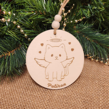 Suspension ronde en bois Commémorative "ANGE" 🕊️ -  Chat + Gravure personnalisée