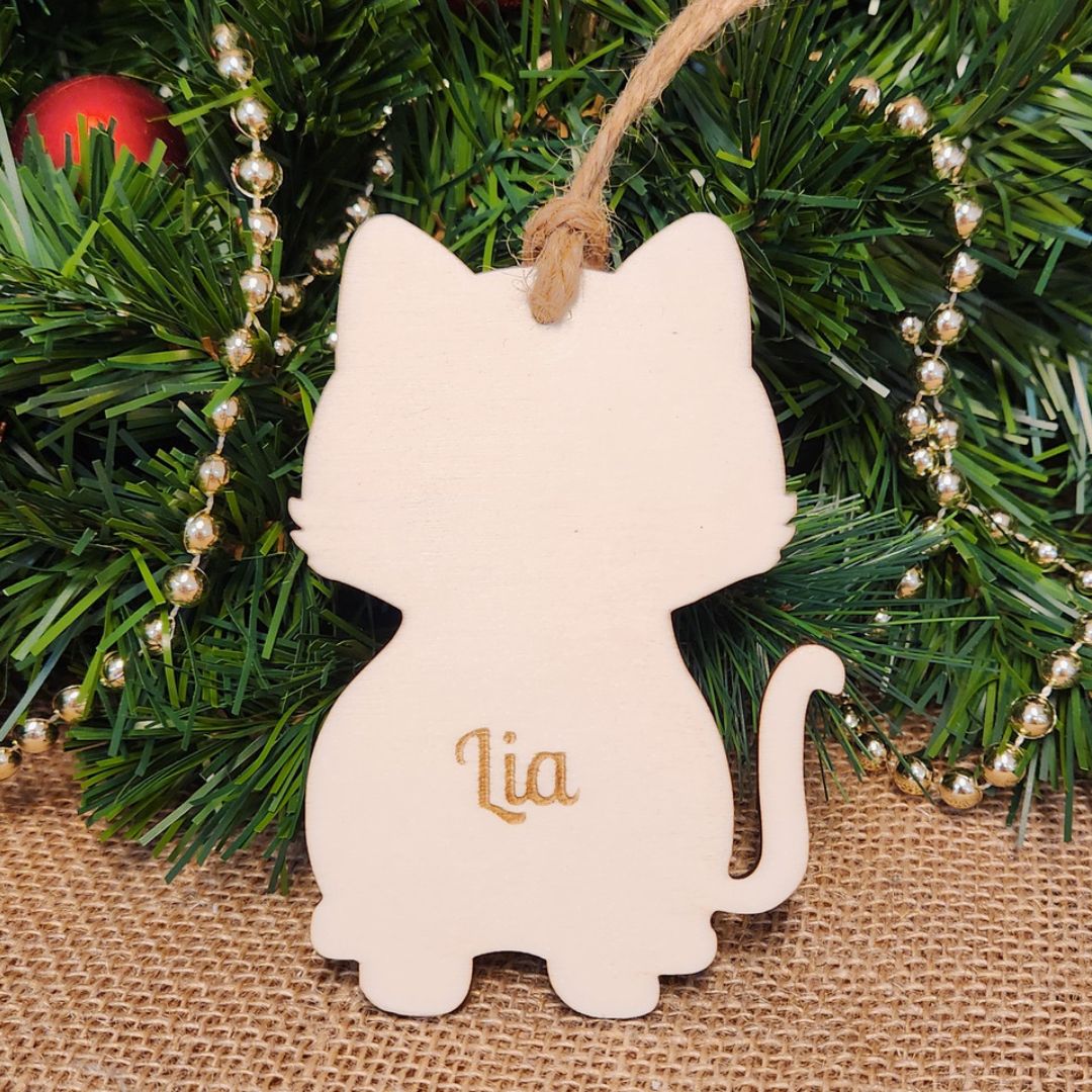 Suspension chat - Bois clair avec gravure personnalisée