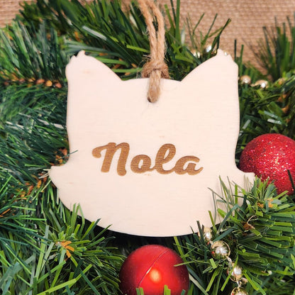 Suspension chat - Bois clair avec gravure personnalisée