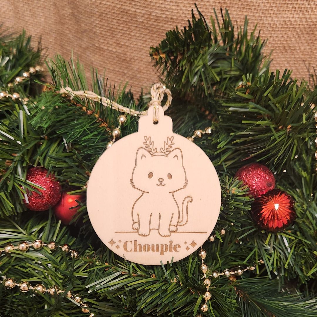 Suspension en bois gravure personnalisée de Noël - CHAT